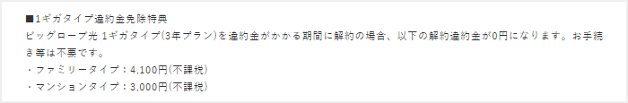 ビッグローブ光の1ギガタイプ違約金免除特典