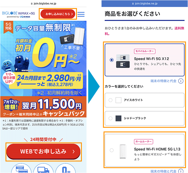 BIGLOBE WiMAXの申し込み手順1